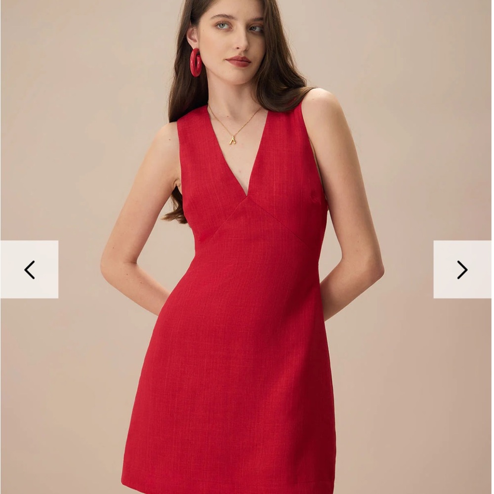 RIHOAS Red V Neck Linen Dress